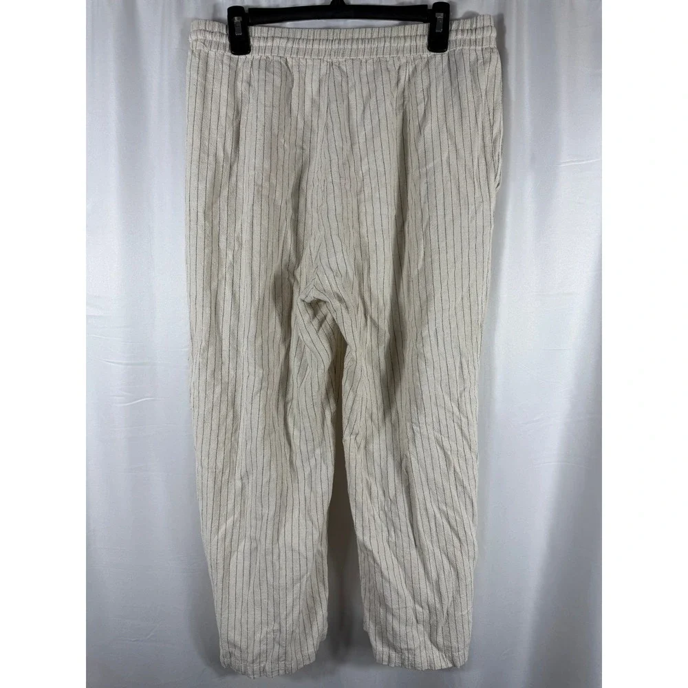 ZARA Linen Blend Striped Drawstring Waist‎ Wide Leg Pants Women L Beige Black